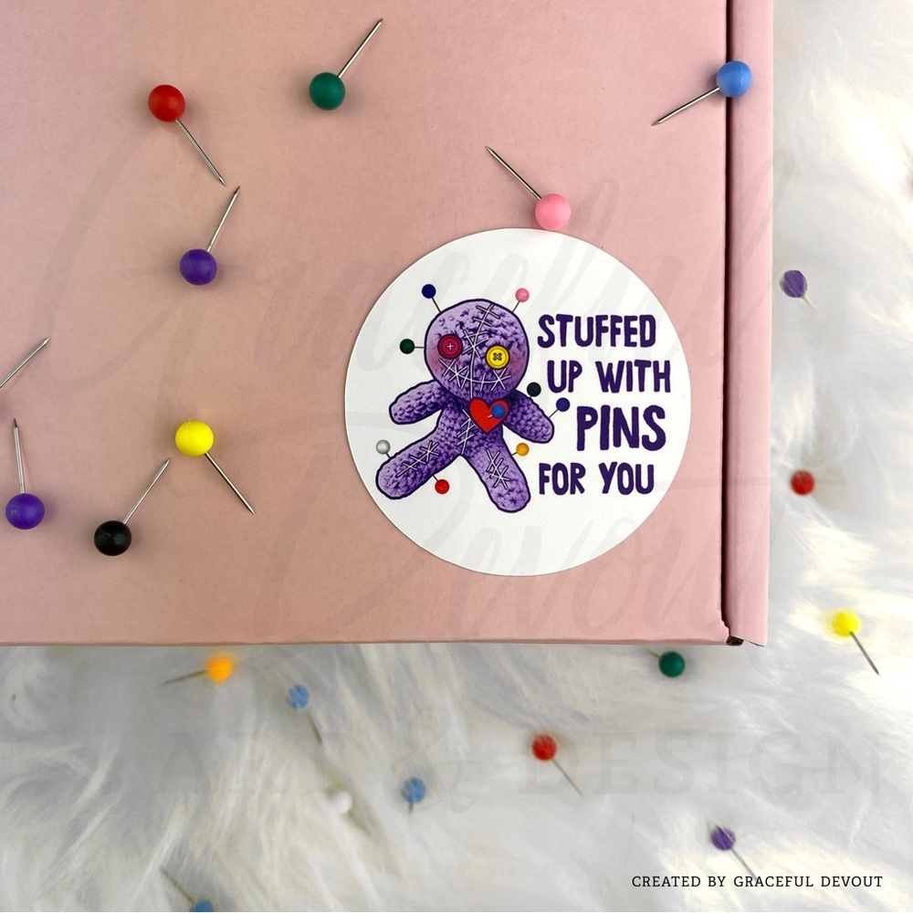 Stuffed Up With Pins For You - 2" (inches) (48ct.) Stickers - Picture 5 of 5